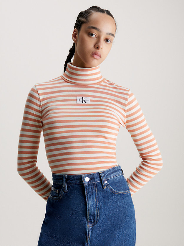 ivory / tropical orange fitted stripe roll neck top for women calvin klein jeans