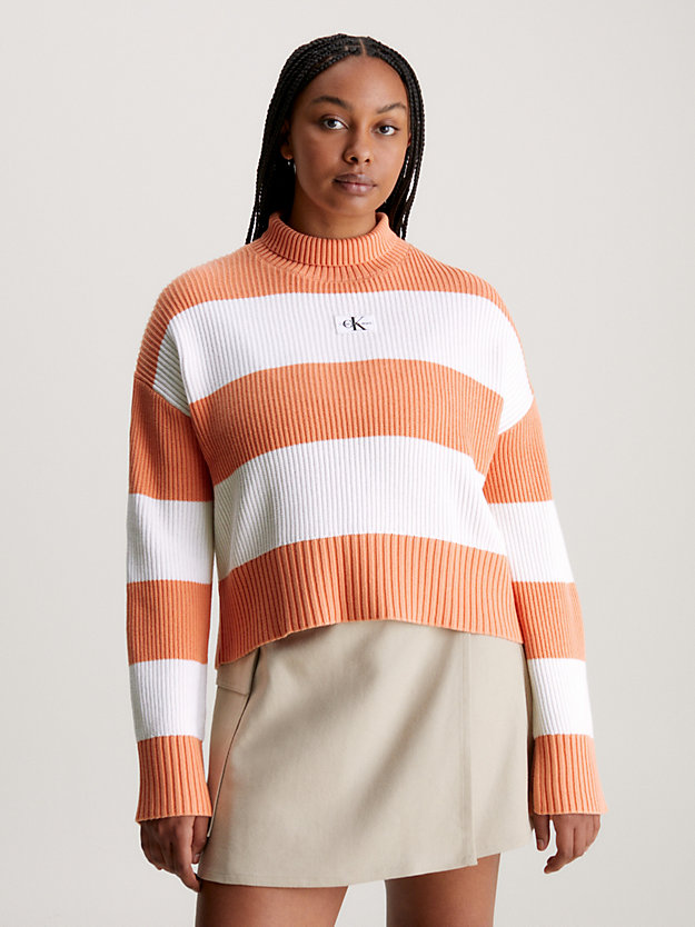 ivory / tropical orange stripes swobodny sweter z golfem dla kobiety - calvin klein jeans