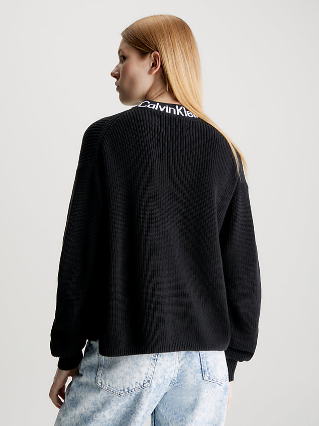 black sweter bawełniany z kołnierzykiem i logo dla kobiety - calvin klein jeans