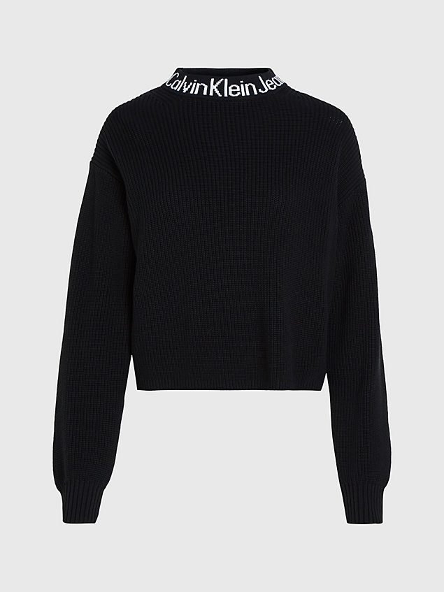 black sweter bawełniany z kołnierzykiem i logo dla kobiety - calvin klein jeans
