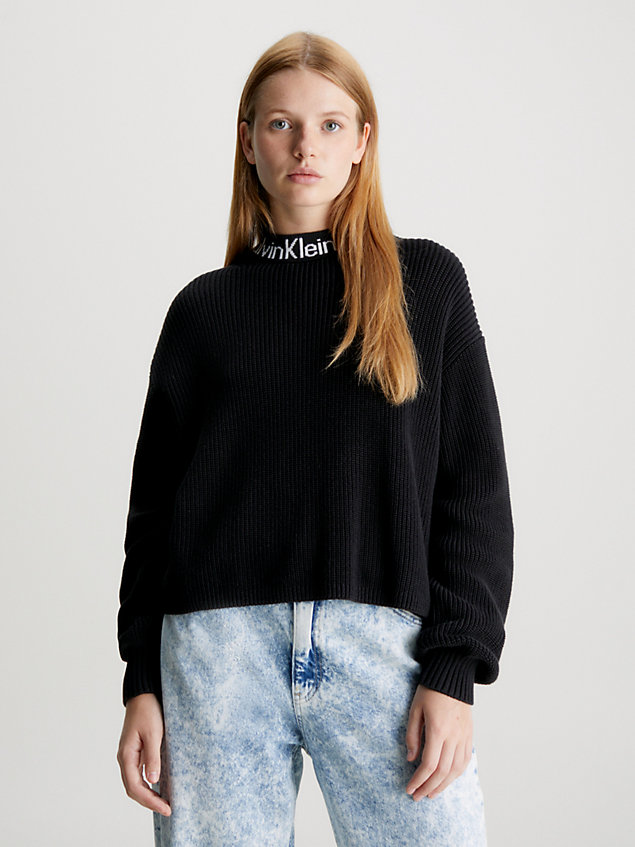 black pullover aus baumwolle mit logo-kragen für damen - calvin klein jeans