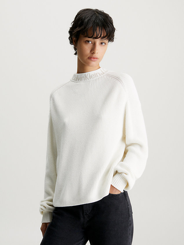 maglione con colletto e logo in cotone white da donna calvin klein jeans