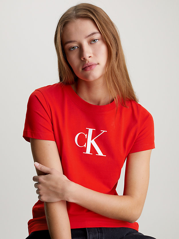 fiery red slim monogram t-shirt for women calvin klein jeans