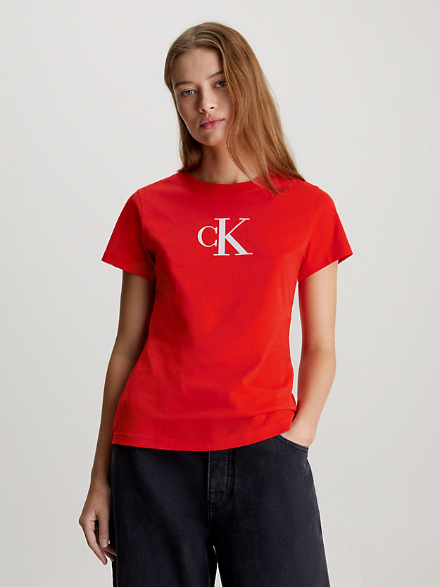 t-shirt con monogramma slim fiery red da donne calvin klein jeans