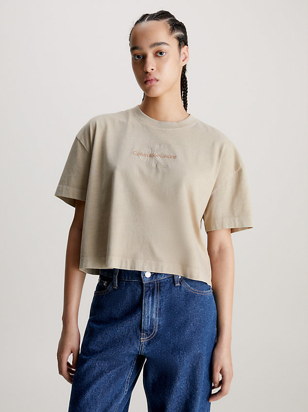 beige boyfriend monogram t-shirt for women calvin klein jeans
