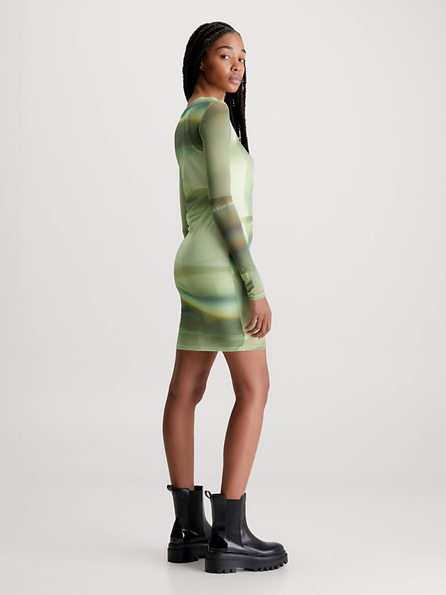 green mesh jurk met print en dubbele laag voor dames - calvin klein jeans
