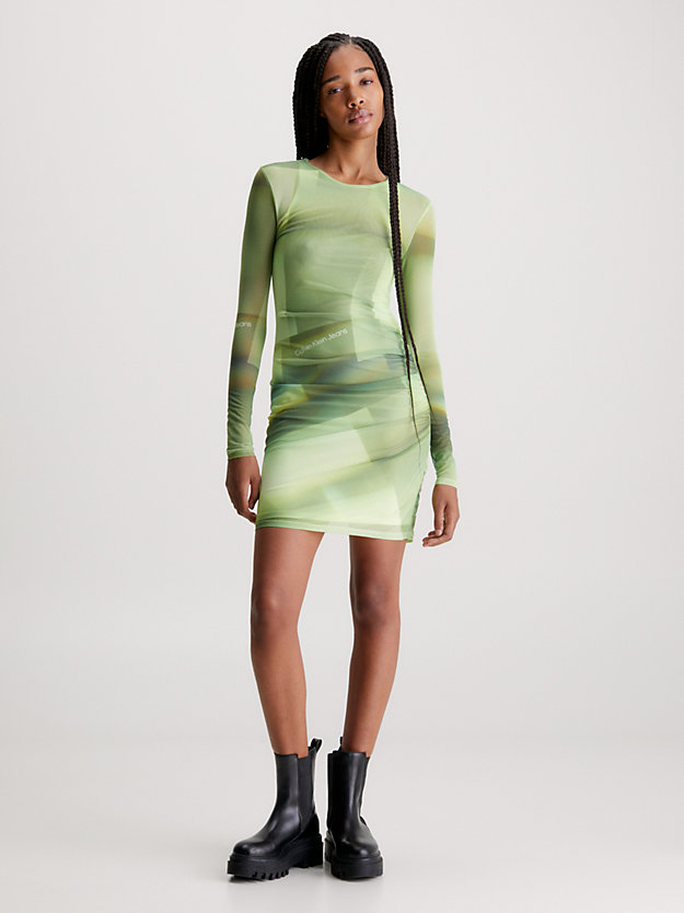 green illuminated aop mesh jurk met print en dubbele laag voor dames - calvin klein jeans