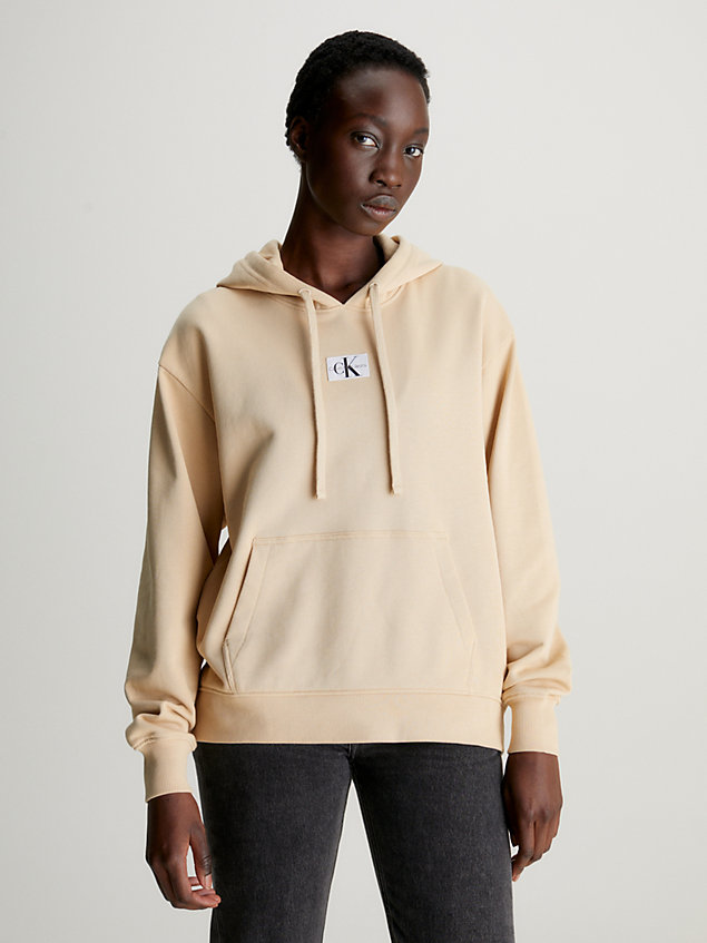 beige oversized cotton terry hoodie for women calvin klein jeans
