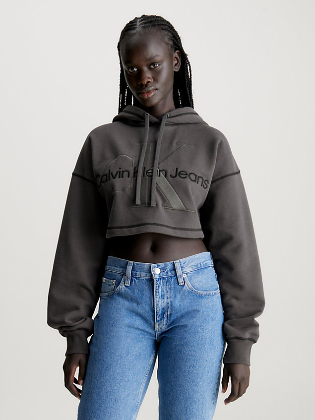 sudadera cropped con capucha y monograma grey de mujeres calvin klein jeans