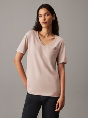 grey monogram badge v-neck t-shirt for women calvin klein jeans