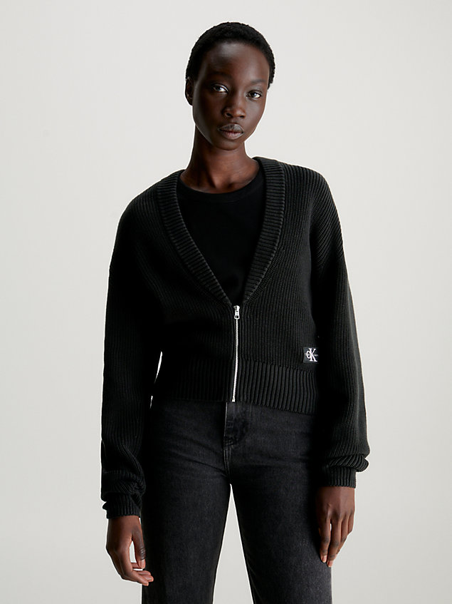 black swobodny kardigan ze ściągaczowej bawełny dla kobiety - calvin klein jeans
