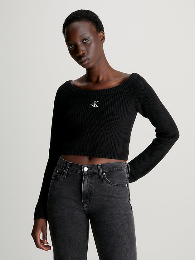 ck black cropped ribbed cotton jumper for women calvin klein jeans