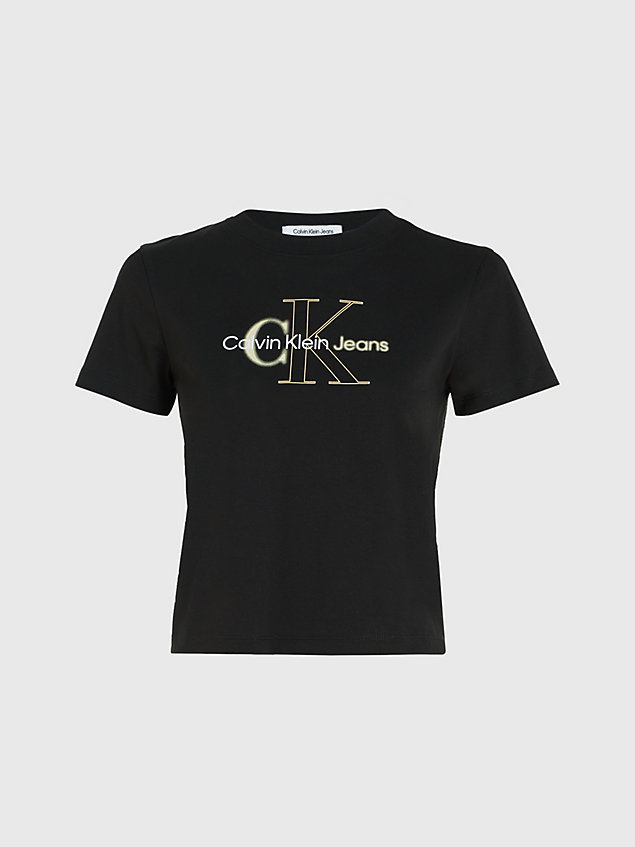 black t-shirt o skróconym kroju z monogramem dla kobiety - calvin klein jeans