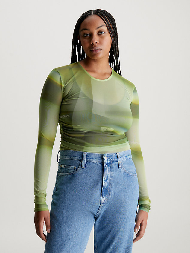 green langärmliges top aus mesh mit print für damen - calvin klein jeans