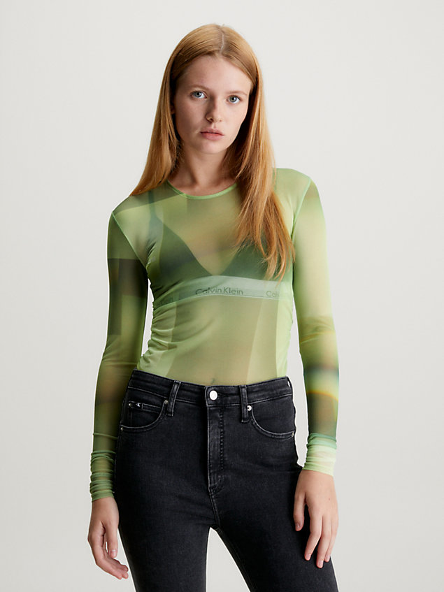 green siateczkowy top z długim rękawem i nadrukiem dla kobiety - calvin klein jeans