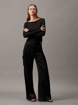 Black Satin Straight Leg Pants, Pants