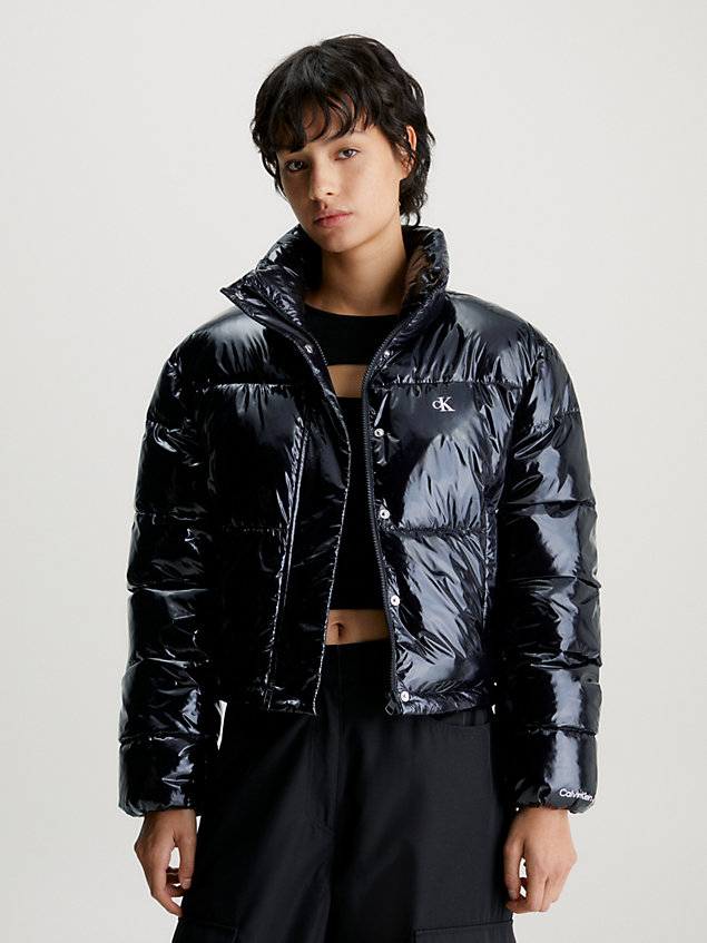 black cropped high shine puffer jacket for women calvin klein jeans