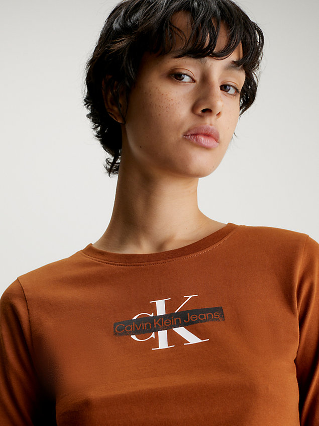 t-shirt à manches longues avec logo brown pour femmes calvin klein jeans