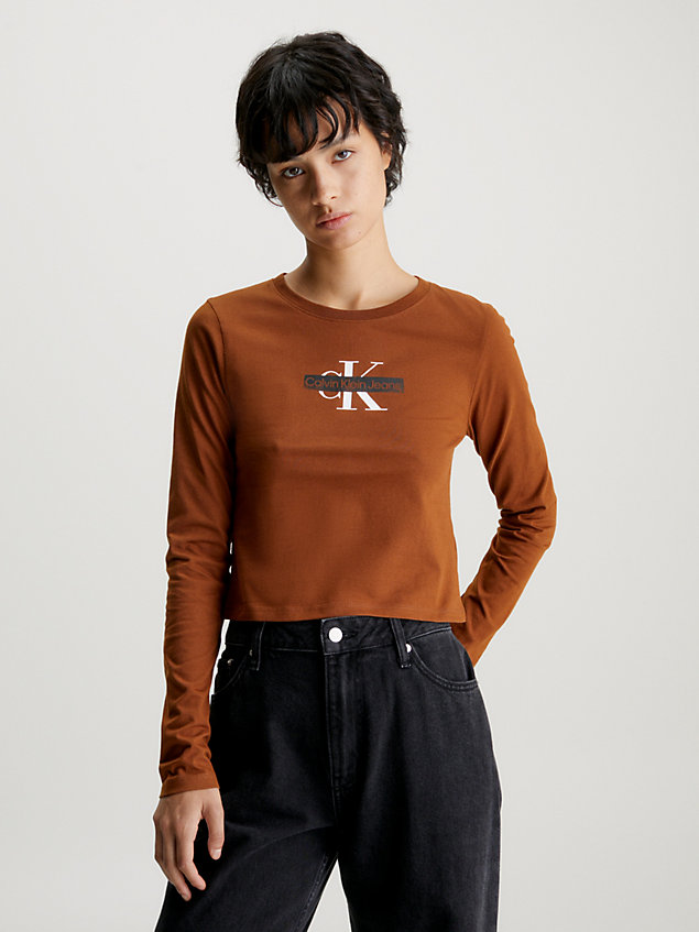 brown long sleeve logo t-shirt for women calvin klein jeans