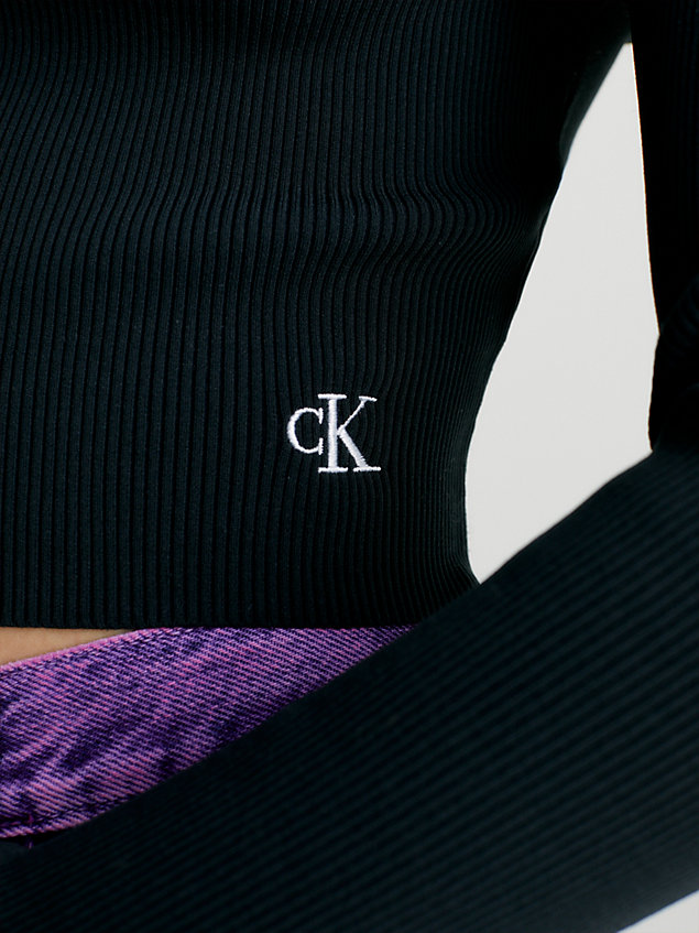 black schmaler cropped rippstrick-pullover für damen - calvin klein jeans