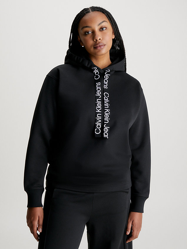 black hoodie mit logo tape in großen größen für damen - calvin klein jeans