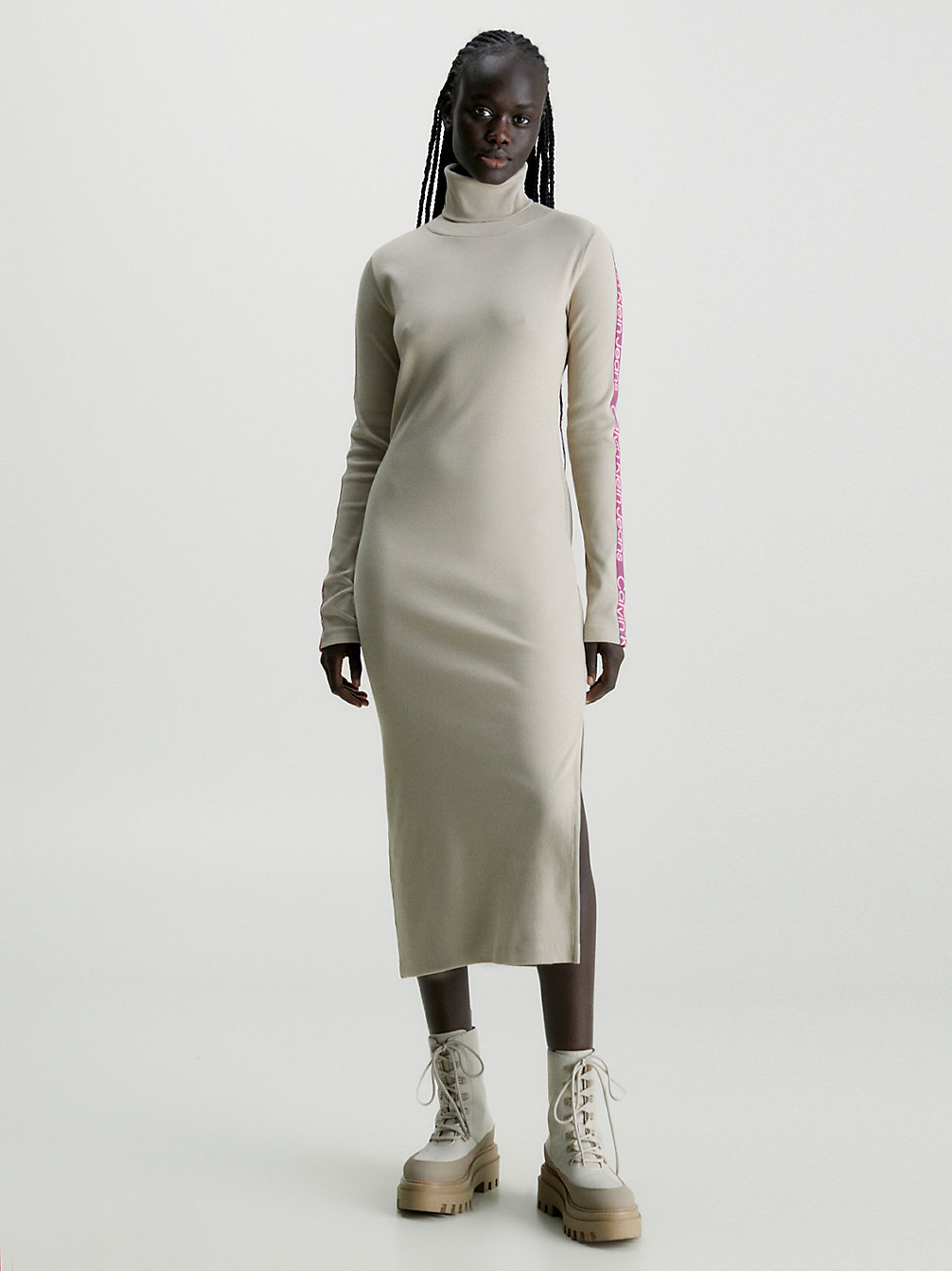 PLAZA TAUPE Schmal Geripptes Maxi-Kleid undefined Damen Calvin Klein