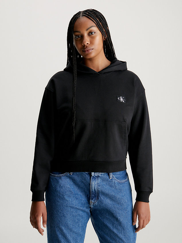 sudadera con capucha de felpa de algodón con insignia black de mujer calvin klein jeans
