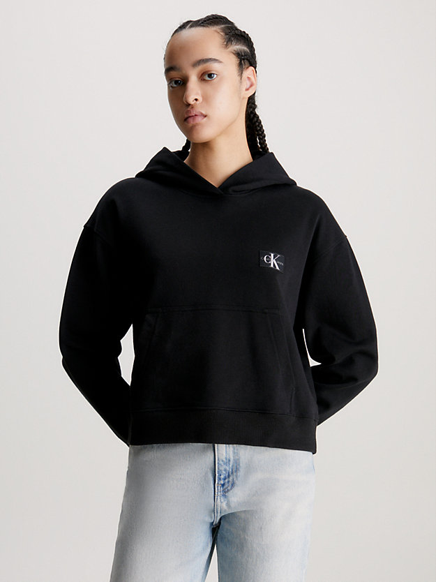ck black cotton terry badge hoodie for women calvin klein jeans