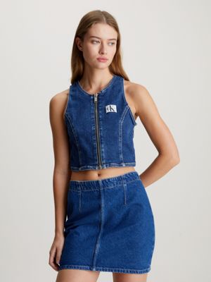 Denim zip outlet up crop top