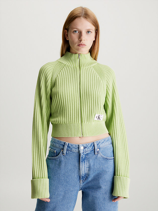 cardigan con zip integrale di cotone a costine green da donne calvin klein jeans