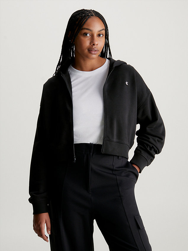 black bluza z kapturem na zamek o krótkim fasonie dla kobiety - calvin klein jeans