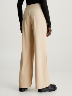 Beige High Rise Wide Leg Knitted Pants