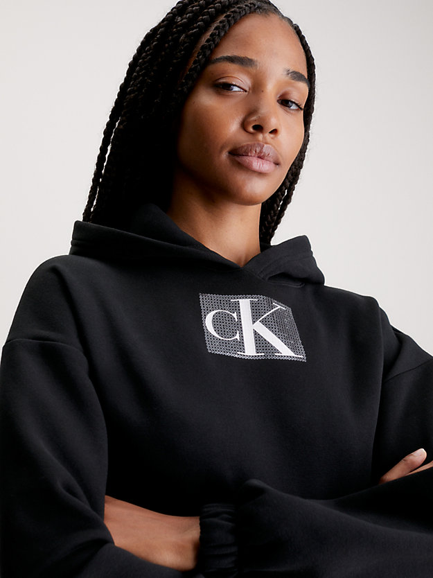 ck black cropped logo-hoodie mit pailletten für damen - calvin klein jeans