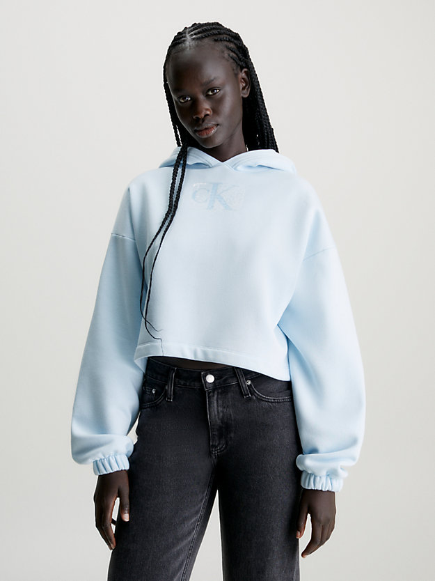 keepsake blue cropped logo-hoodie mit pailletten für damen - calvin klein jeans