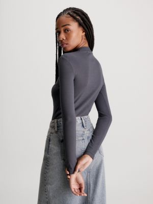 Ribbed Long Sleeve Top - Washed Grey