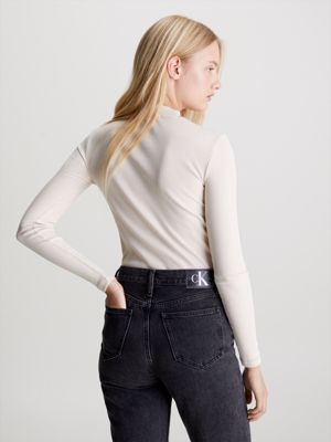 Calvin Klein Jeans Split Collar Rib Long Sleeve - T-shirts & Tops 