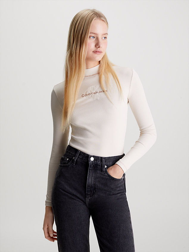 camiseta de punto de canalé de manga larga white de mujer calvin klein jeans