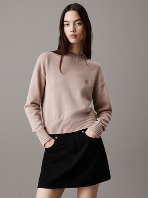 grey cotton knit badge jumper for women calvin klein jeans