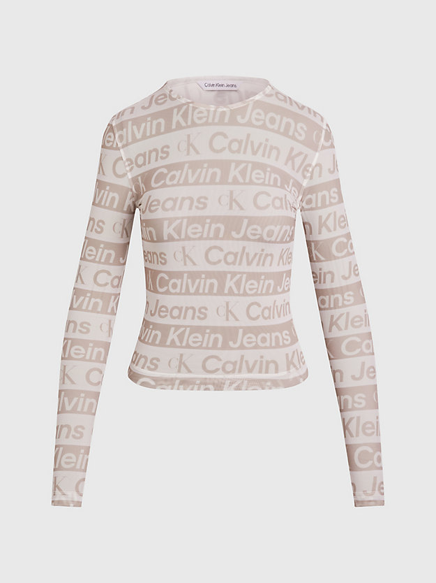 plaza taupe/neutral tape aop logo mesh long sleeve top for women calvin klein jeans