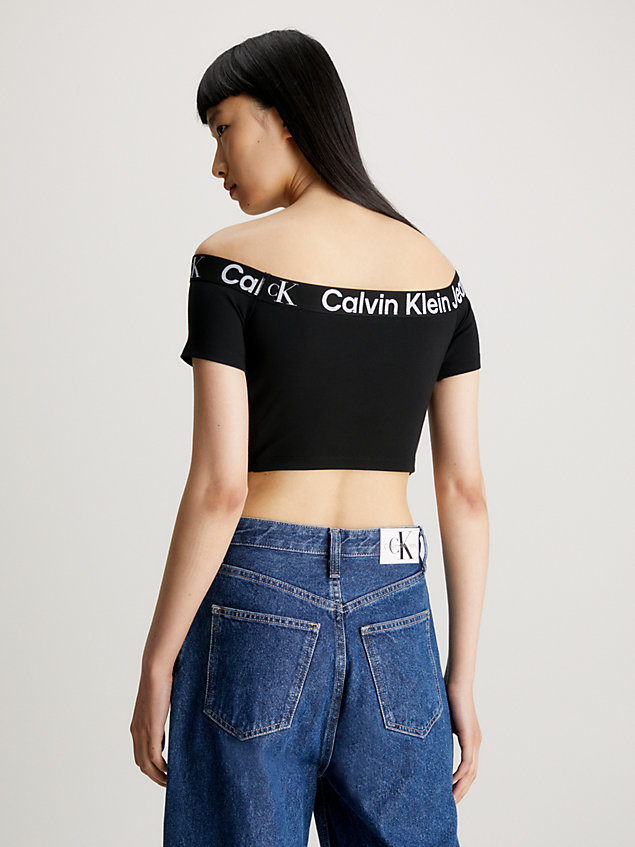 black milano off shoulder top mit logo tape für damen - calvin klein jeans