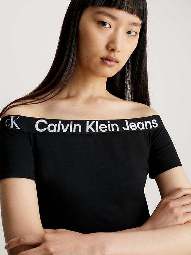 ck black milano off shoulder top mit logo tape für damen - calvin klein jeans