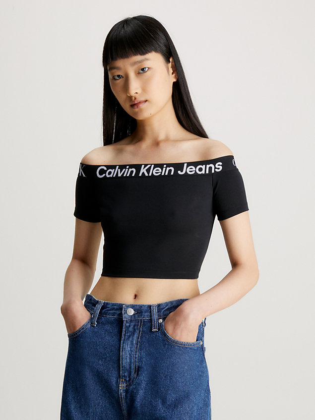 camiseta de hombros descubiertos de punto milano con logo black de mujer calvin klein jeans
