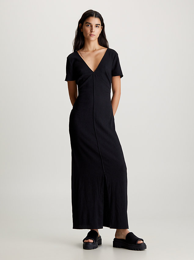 robe longue à manches courtes en tissu froissé black pour femmes calvin klein jeans