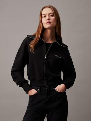black cardigan mit reißverschluss aus baumwoll-frottee für damen - calvin klein jeans