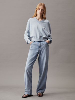 dusk blue washed cotton v-neck sweatshirt for women calvin klein jeans