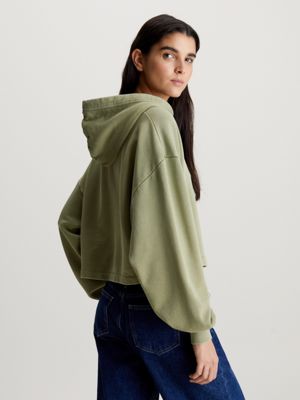 dark juniper washed cotton cropped hoodie for women calvin klein jeans