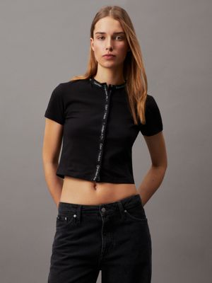 CALVIN KLEIN JEANS - Women's slim ribbed crop T-shirt with logo - Black -  OT-ZW0ZW02132BEH