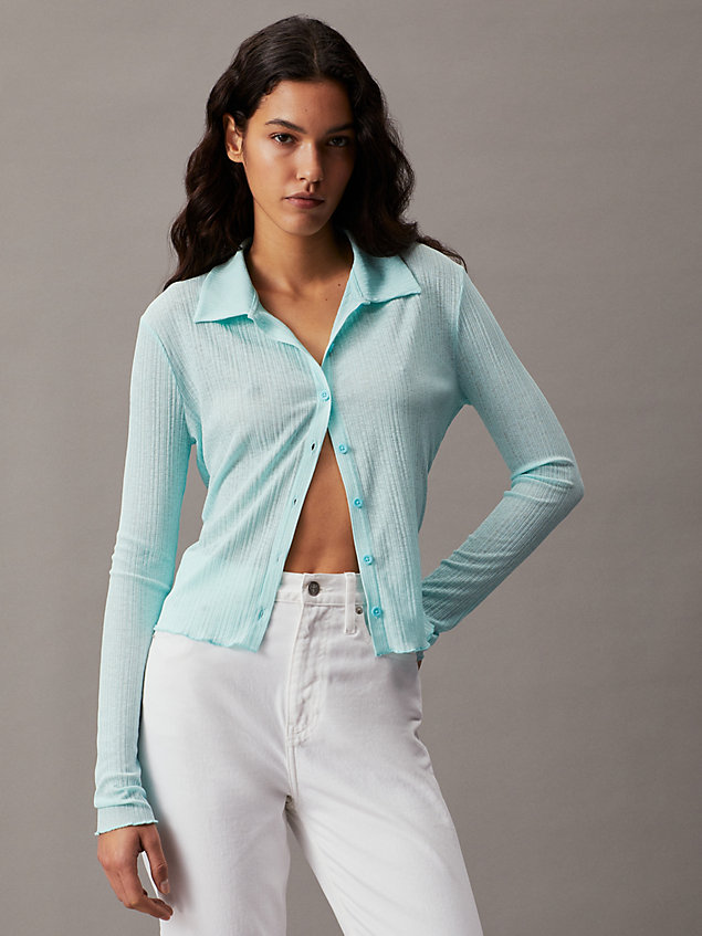 blue sheer ribbed fitted shirt for women calvin klein jeans