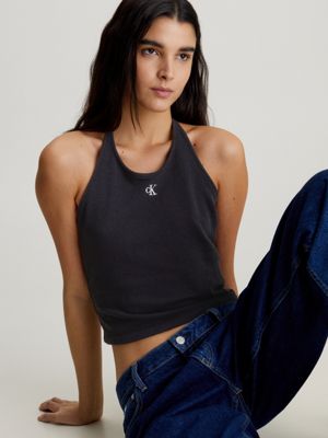 ck black textured knit halter neck top for women calvin klein jeans