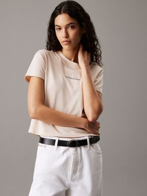 beige cropped monogram t-shirt for women calvin klein jeans